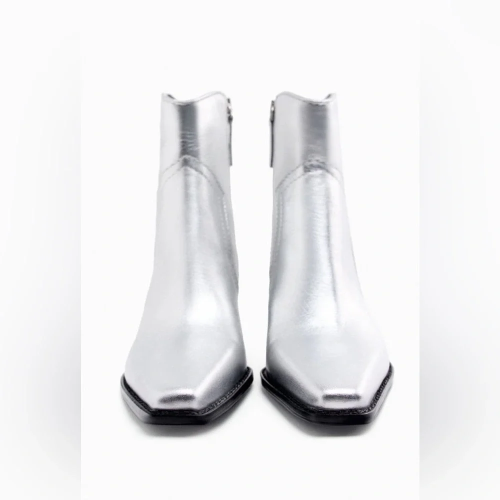 NWT. Zara Metallic Silver Cowboy-Style Leather Ankle Boots. Size 8, 9. - Picture 3 of 11